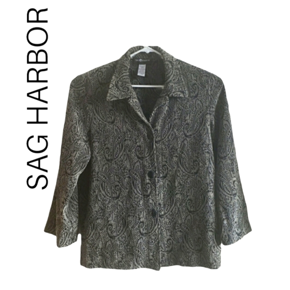 #Sag Harbor Textured Paisley Front Button Blazer#